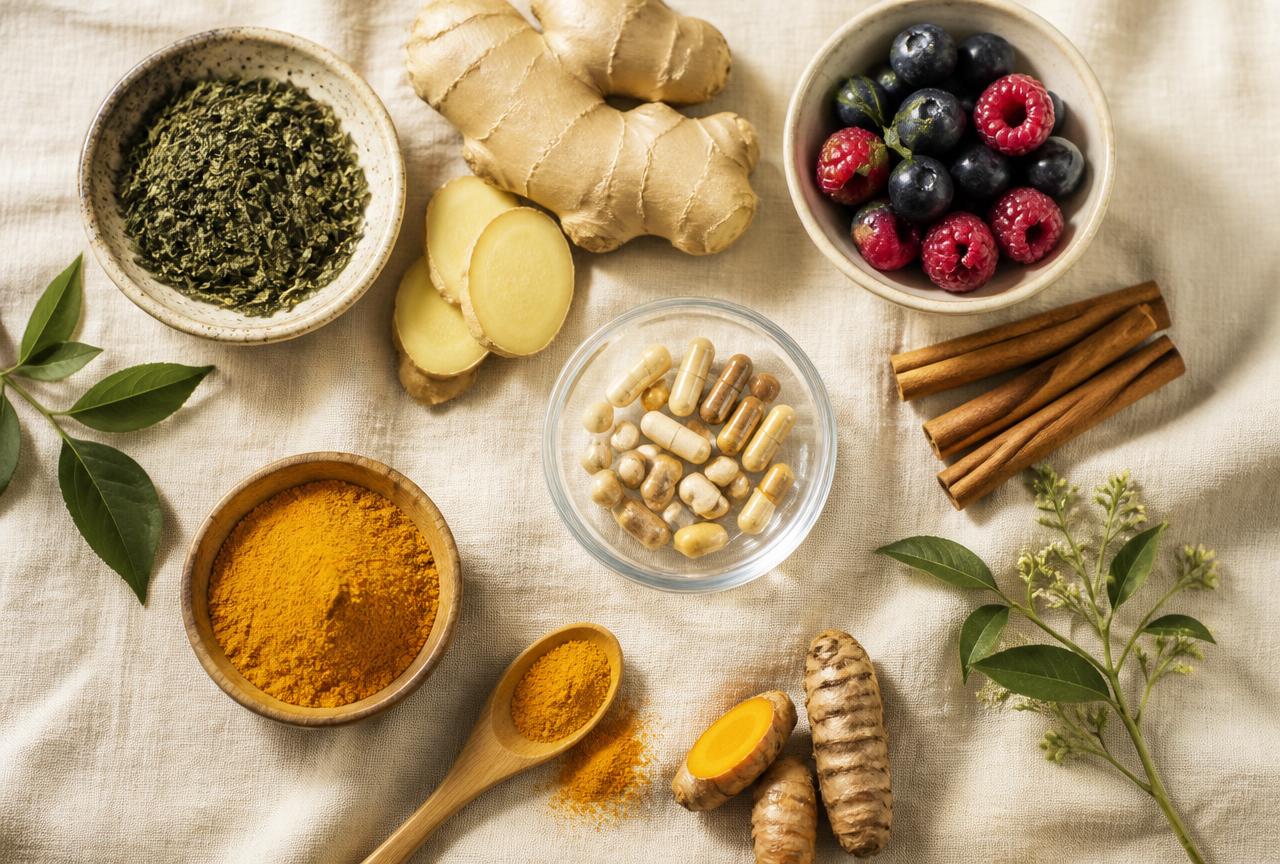 Botanical ingredients typical of the Valiora™ style of formula: green tea, ginger, turmeric, berries and capsules