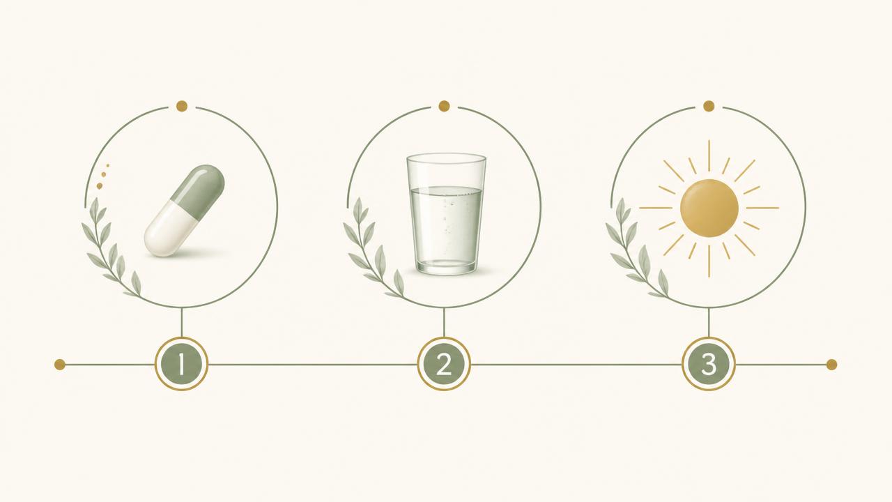 Three-step daily routine: take one Valiora™ capsule, drink a full glass of water, keep the timing consistent